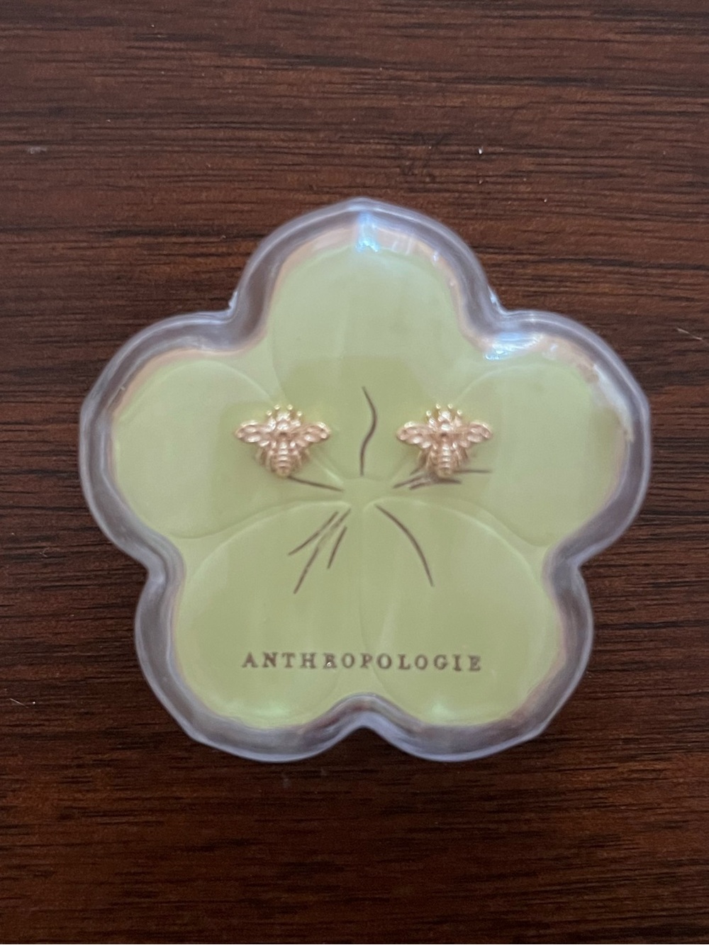 Anthropologie Gold Bee Stud Earrings on Floral Card